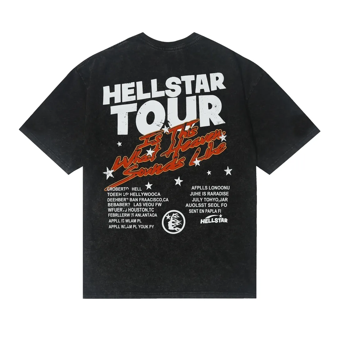 7716# P124 Washed Hellstar Hellstar ins same style retro printed tops for men and women, casual and trendy pure cotton washed short-sleeved T-shirt Color: Black Size: S M L XL