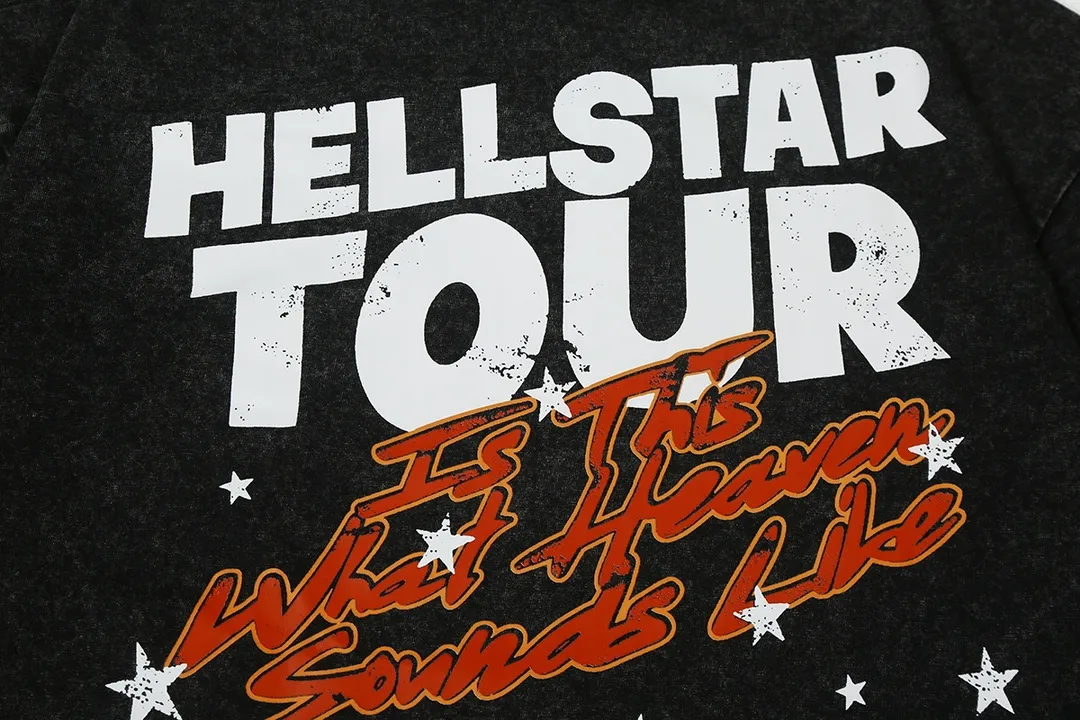 7716# P124 Washed Hellstar Hellstar ins same style retro printed tops for men and women, casual and trendy pure cotton washed short-sleeved T-shirt Color: Black Size: S M L XL
