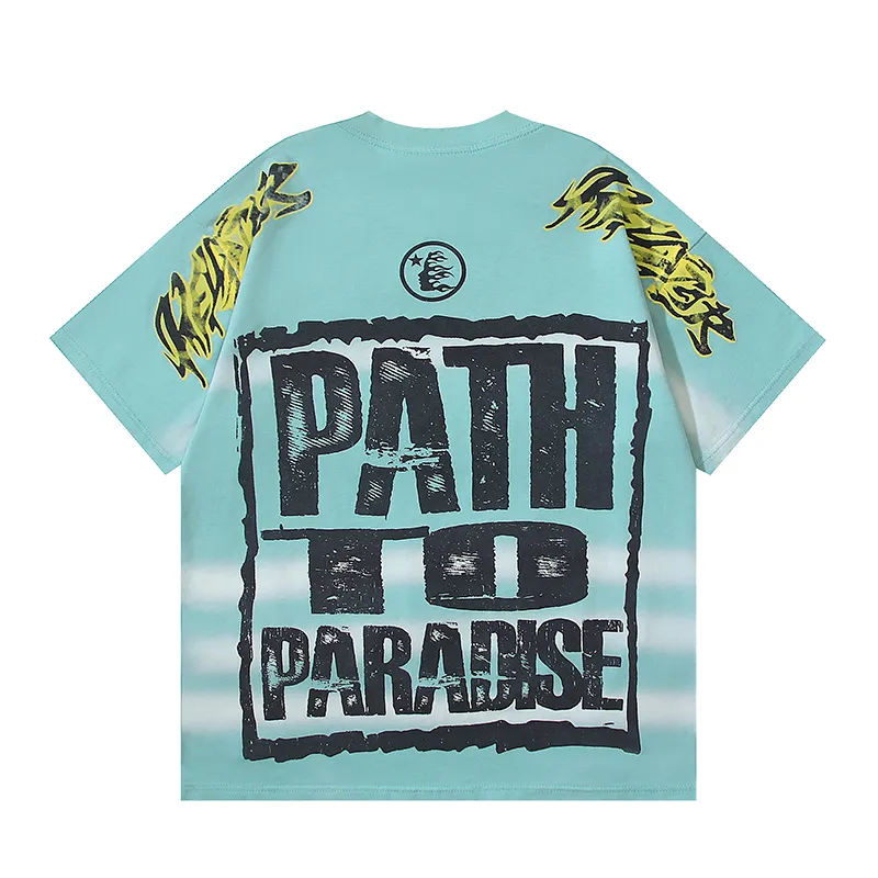 P134 6728# Washed Lake Blue Real Shot Hellstar Washed Retro Beauty Trendy Printed Short-sleeved T-shirt Fabric: 250g 32 count fine cotton double yarn pure cotton Color: Washed Lake Blue Size: S M L XL