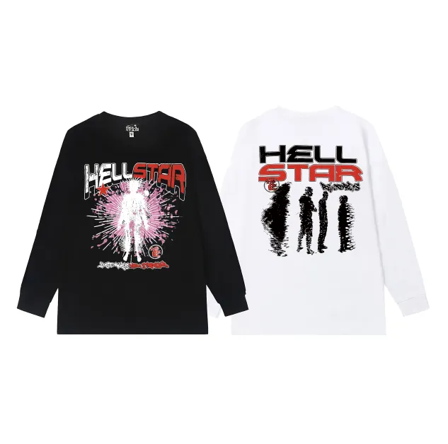 5525# P136 Hellstar Hellstar letter print lightning high street men's and women's hip-hop loose long-sleeved T-shirt Color: Black White Size: S M L XL