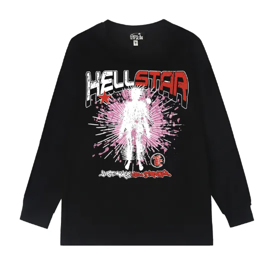 5525# P136 Hellstar Hellstar letter print lightning high street men's and women's hip-hop loose long-sleeved T-shirt Color: Black White Size: S M L XL