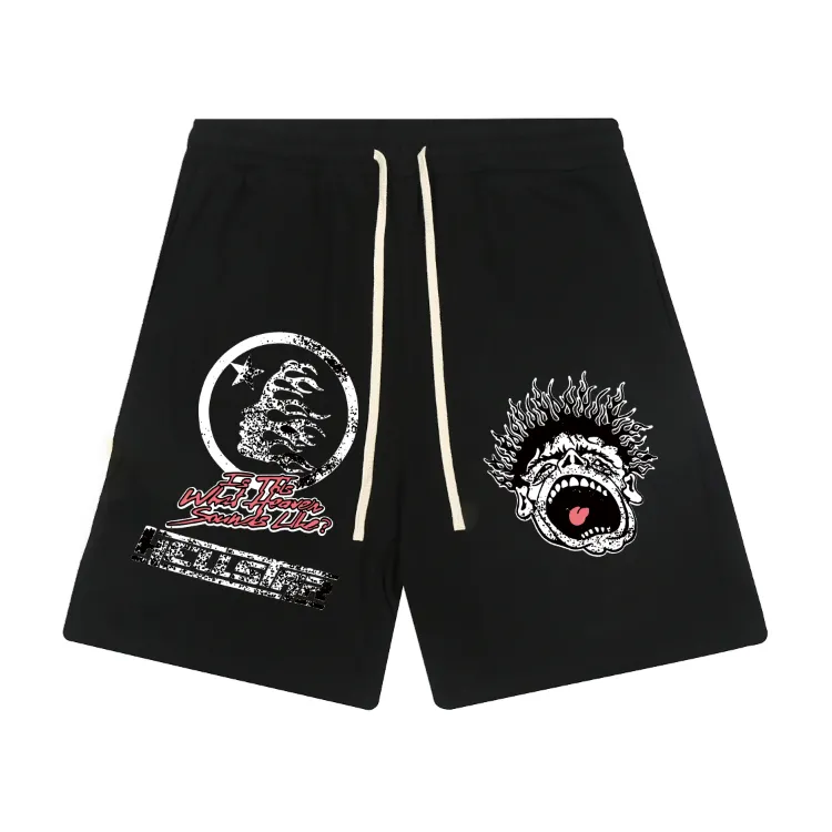 1103# P150 Hellstar pure cotton terry 350g printed casual shorts Color: black floral gray Size: S M L XL