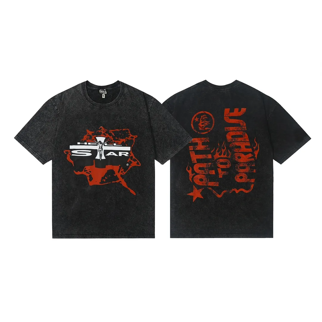7715# P124 Washed Hellstar Hellstar ins same style retro printed tops for men and women, casual and trendy pure cotton washed short-sleeved T-shirt Color: Black Size: S M L XL