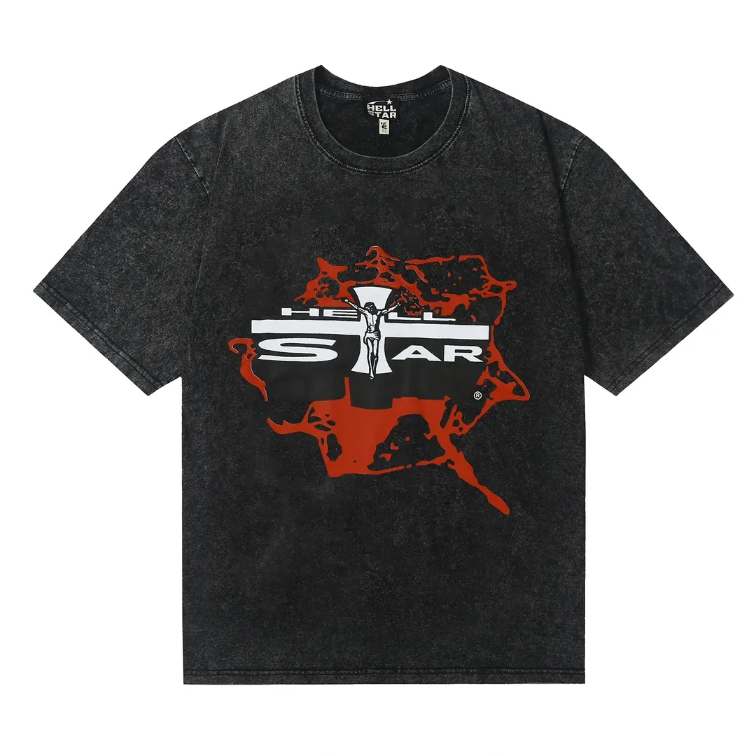 7715# P124 Washed Hellstar Hellstar ins same style retro printed tops for men and women, casual and trendy pure cotton washed short-sleeved T-shirt Color: Black Size: S M L XL