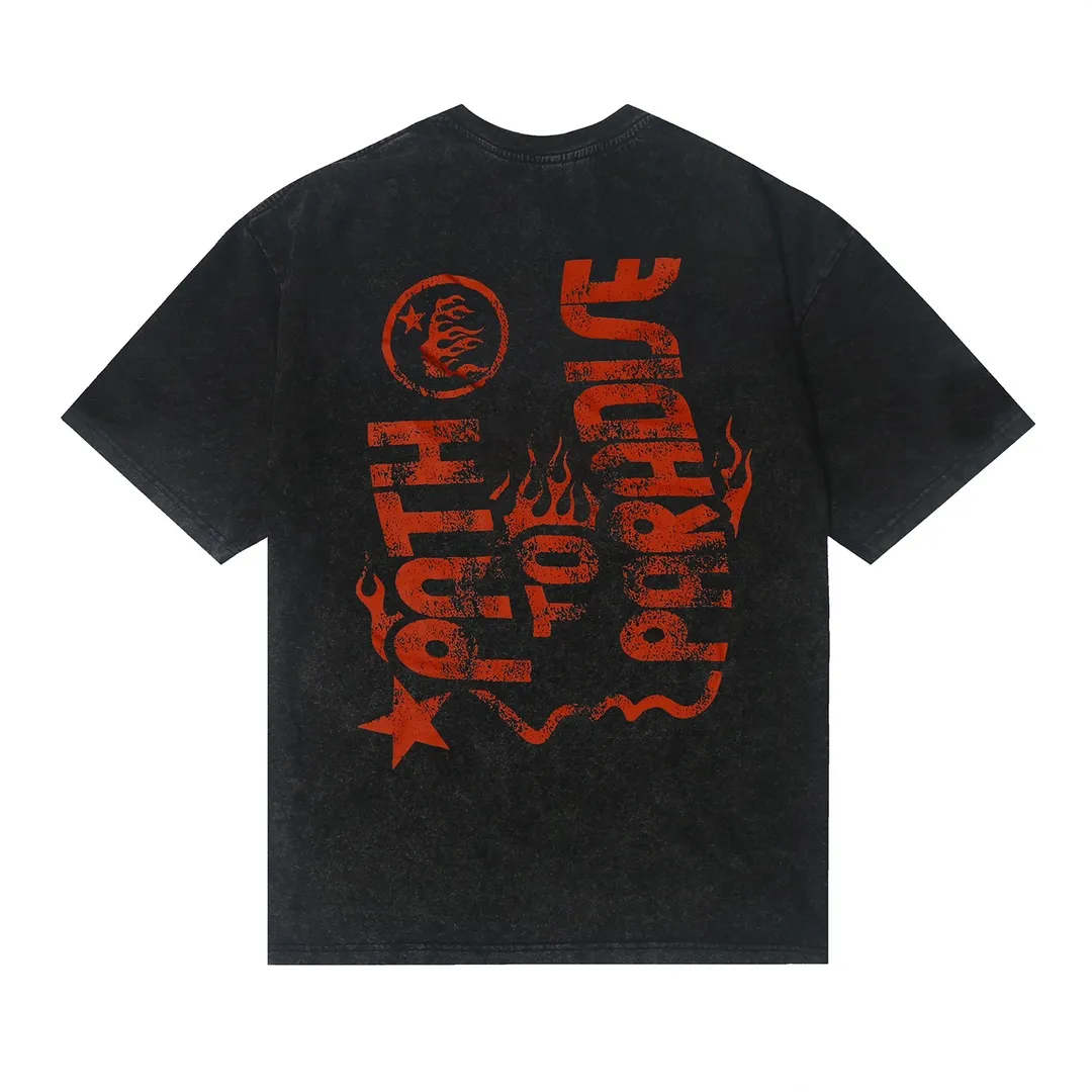 7715# P124 Washed Hellstar Hellstar ins same style retro printed tops for men and women, casual and trendy pure cotton washed short-sleeved T-shirt Color: Black Size: S M L XL