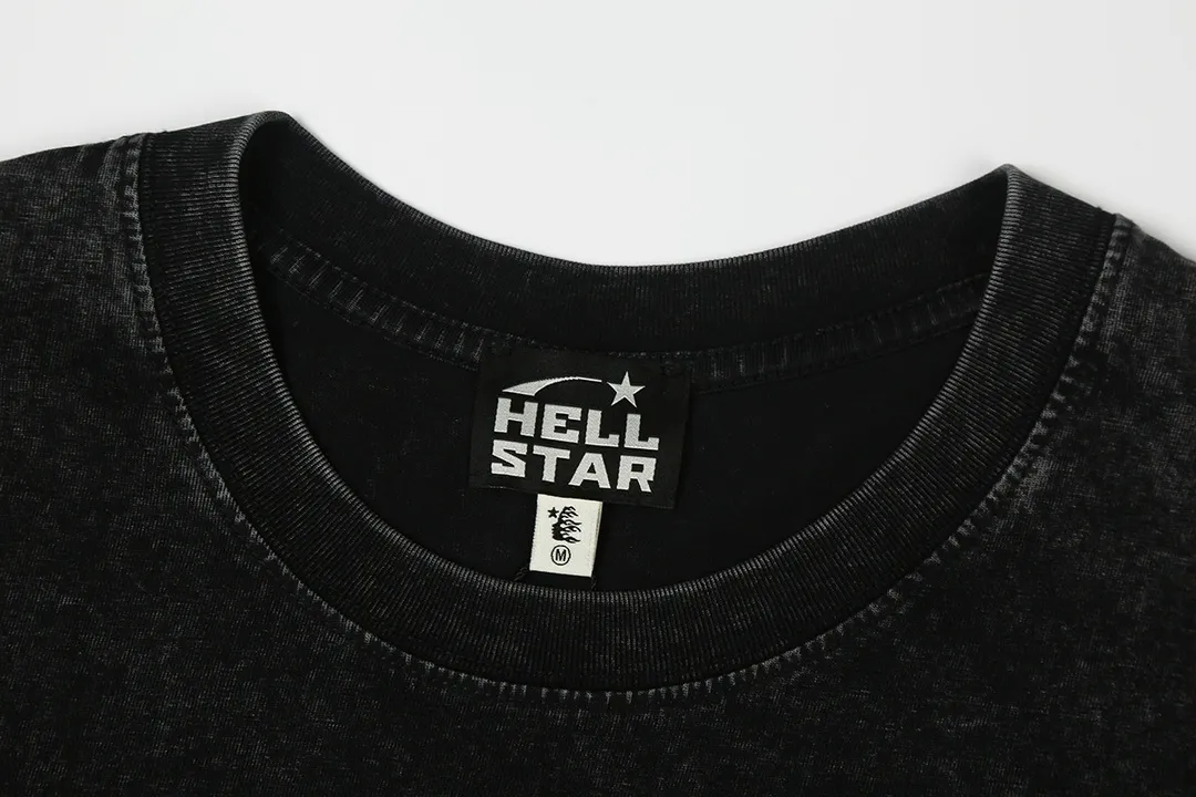 7715# P124 Washed Hellstar Hellstar ins same style retro printed tops for men and women, casual and trendy pure cotton washed short-sleeved T-shirt Color: Black Size: S M L XL