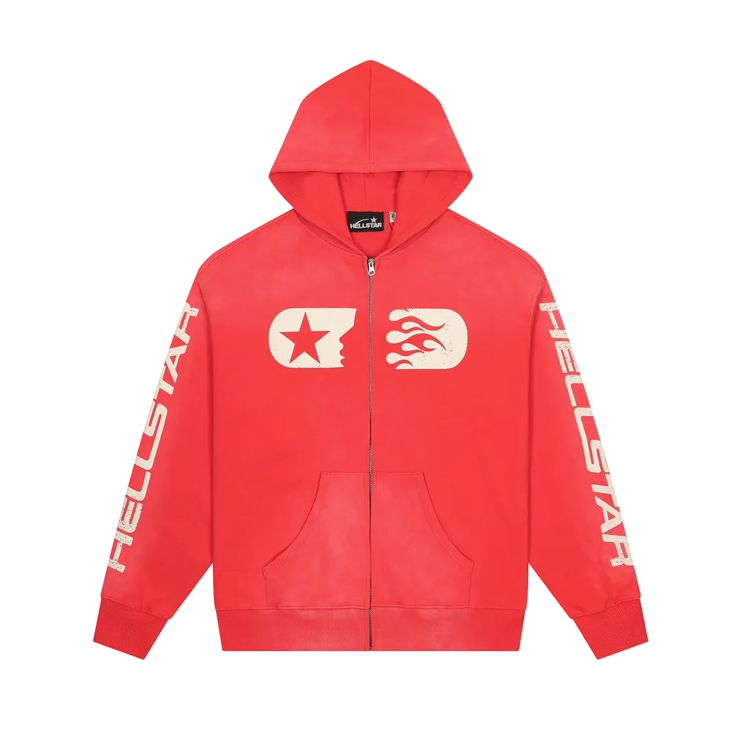 P240 HELLSTAR STUDIOS ZIP HOODIE Beauty and fashion washable water spray Ma Liu distressed hoodie sweatshirt jacket The new hot beauty trend Hellstar!  Standard beauty and trendy workmanship, original customization (fabric, pattern, printing, hang tag, main mark, etc.), exaggerated style, explosive style, dare to break through tradition, bring adventurous new fashion experience!   YoungBoy, the most popular rapper in the youth circle, has shot a lot of models for him, and celebrities such as Dababy and Swae Lee frequently get dressed!  color: RED Size: S, M, L, XL