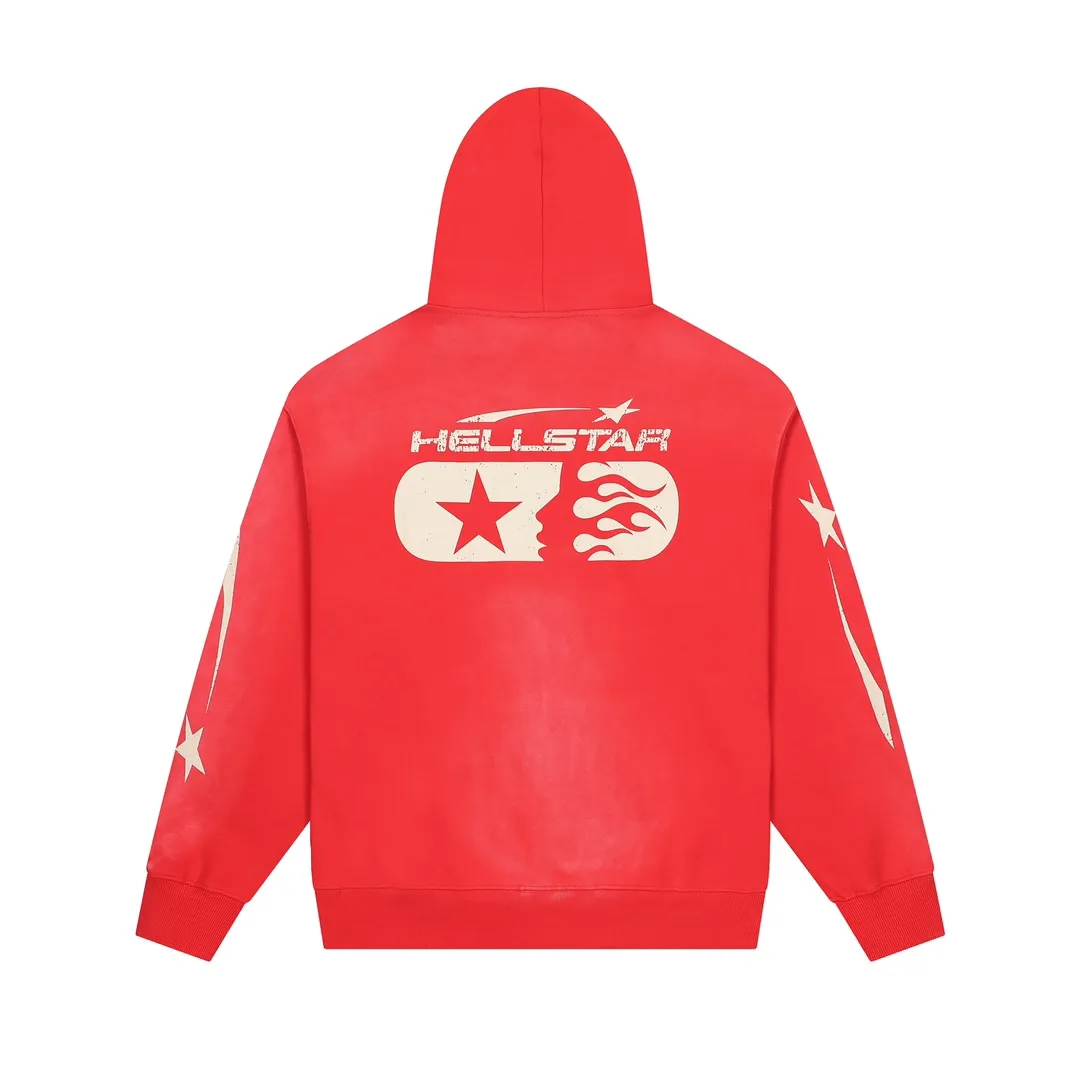 P240 HELLSTAR STUDIOS ZIP HOODIE Beauty and fashion washable water spray Ma Liu distressed hoodie sweatshirt jacket The new hot beauty trend Hellstar!  Standard beauty and trendy workmanship, original customization (fabric, pattern, printing, hang tag, main mark, etc.), exaggerated style, explosive style, dare to break through tradition, bring adventurous new fashion experience!   YoungBoy, the most popular rapper in the youth circle, has shot a lot of models for him, and celebrities such as Dababy and Swae Lee frequently get dressed!  color: RED Size: S, M, L, XL