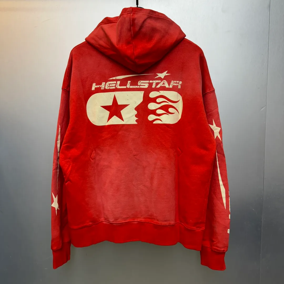 P240 HELLSTAR STUDIOS ZIP HOODIE Beauty and fashion washable water spray Ma Liu distressed hoodie sweatshirt jacket The new hot beauty trend Hellstar!  Standard beauty and trendy workmanship, original customization (fabric, pattern, printing, hang tag, main mark, etc.), exaggerated style, explosive style, dare to break through tradition, bring adventurous new fashion experience!   YoungBoy, the most popular rapper in the youth circle, has shot a lot of models for him, and celebrities such as Dababy and Swae Lee frequently get dressed!  color: RED Size: S, M, L, XL