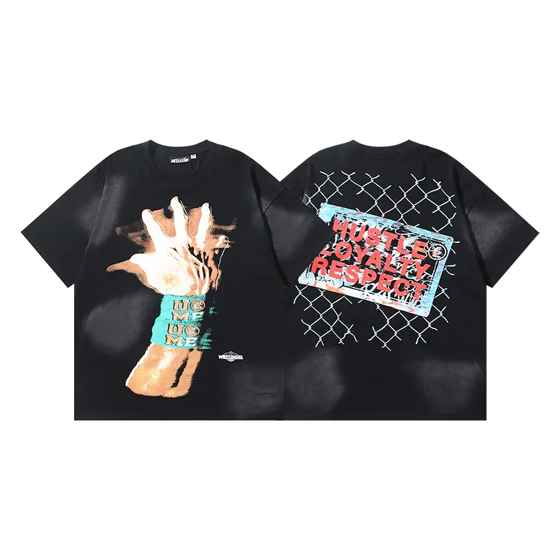 P130 6750#washed black Real shot Hellstar washed retro beauty trend printed short-sleeved T-shirt Fabric: 250g 32 count fine cotton double yarn pure cotton Color: washed black Size: S M L XL