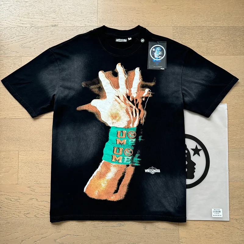 P130 6750#washed black Real shot Hellstar washed retro beauty trend printed short-sleeved T-shirt Fabric: 250g 32 count fine cotton double yarn pure cotton Color: washed black Size: S M L XL