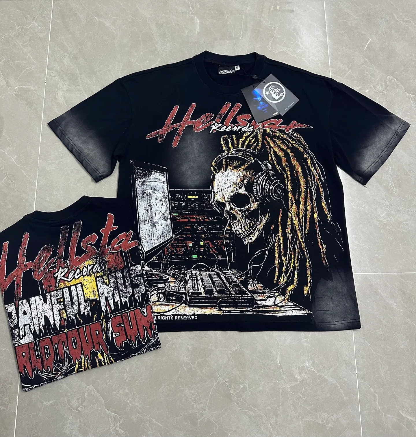 P124 112## Washed black spray Ma Liu I Hellstar Cross-border European and American style street fashion brand pure cotton T-shirt Fabric (fabric): 32 counts 250g washed combed double yarn pure cotton Size (size): S-M- L- X L Color (colour): Washed black (spray Ma Liu)