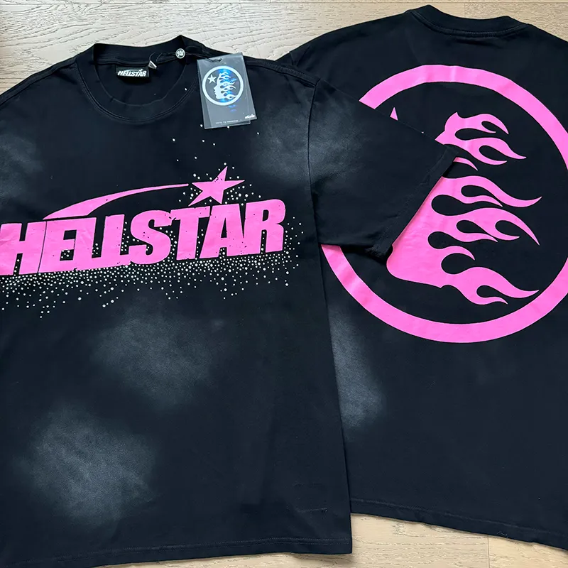 P134 6753# Washed Black + Hot Brick Real Shot Hellstar Washed Retro Beauty Trendy Hot Brick Printed Short Sleeve T-shirt Fabric: 250g 32 Count Fine Cotton Double Yarn Pure Cotton Color: Washed Black + Hot Brick Code Number: S M L XL