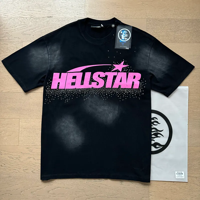 P134 6753# Washed Black + Hot Brick Real Shot Hellstar Washed Retro Beauty Trendy Hot Brick Printed Short Sleeve T-shirt Fabric: 250g 32 Count Fine Cotton Double Yarn Pure Cotton Color: Washed Black + Hot Brick Code Number: S M L XL