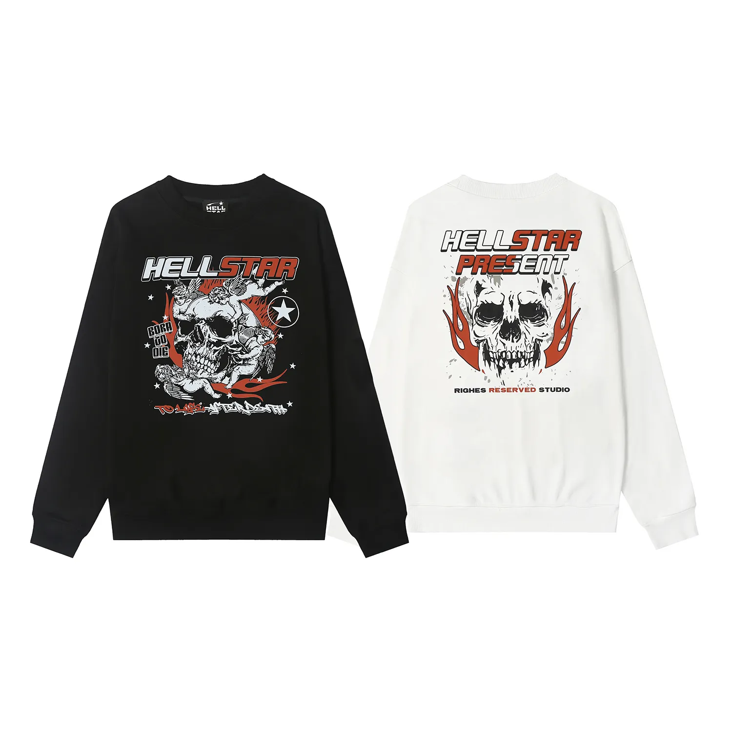 8841# P160 Hellstar high quality Hellstar American trendy printed cotton terry crew neck sweatshirt Color: White Black Size: S M L XL