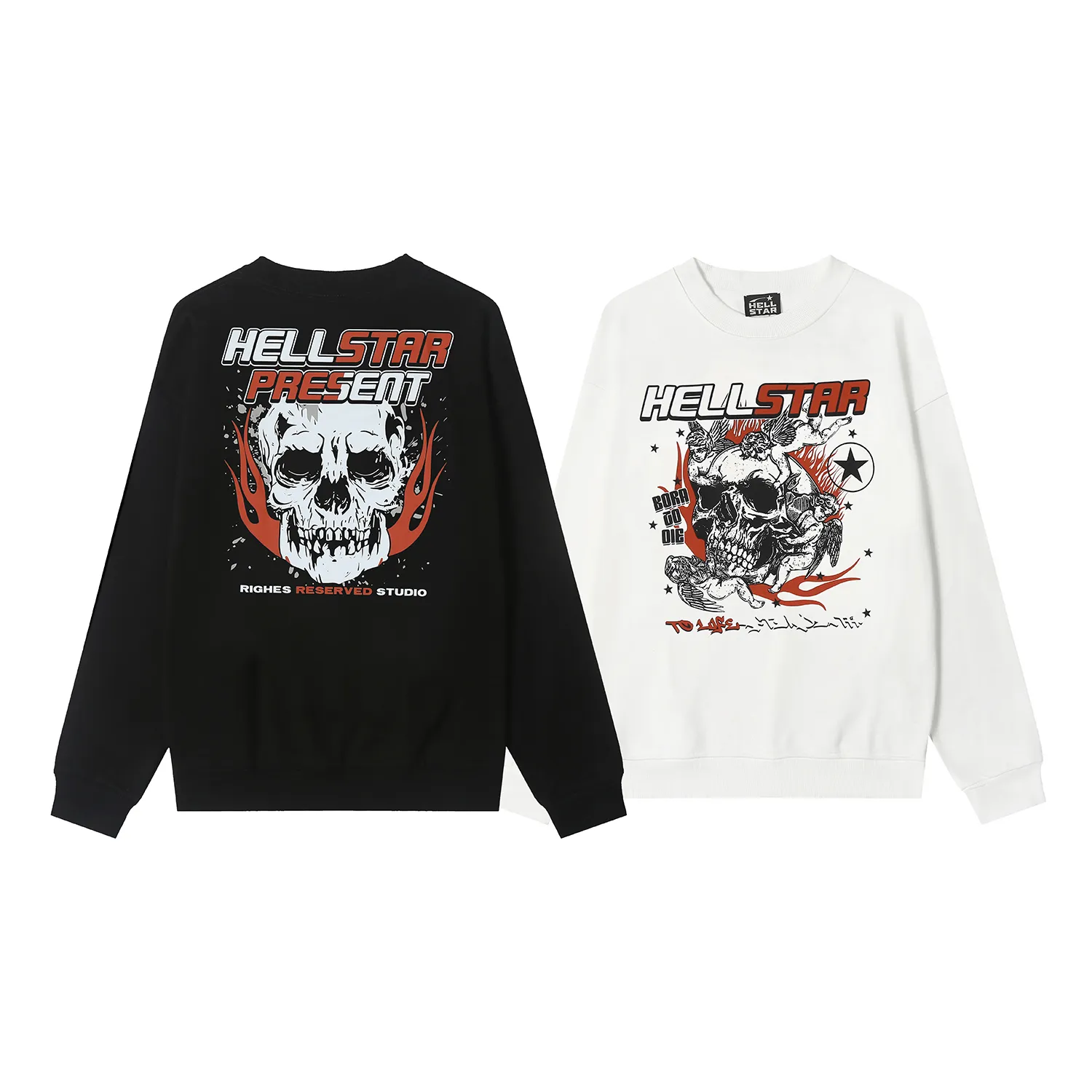 8841# P160 Hellstar high quality Hellstar American trendy printed cotton terry crew neck sweatshirt Color: White Black Size: S M L XL