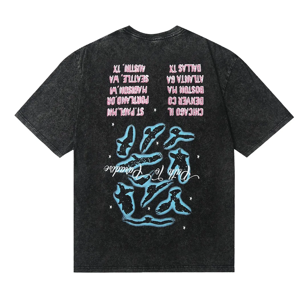 7706# P124 Washed Hellstar Hellstar ins same style retro printed tops for men and women, casual and trendy pure cotton washed short-sleeved T-shirt Color: Black Size: S M L XL