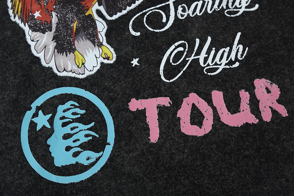 7706# P124 Washed Hellstar Hellstar ins same style retro printed tops for men and women, casual and trendy pure cotton washed short-sleeved T-shirt Color: Black Size: S M L XL