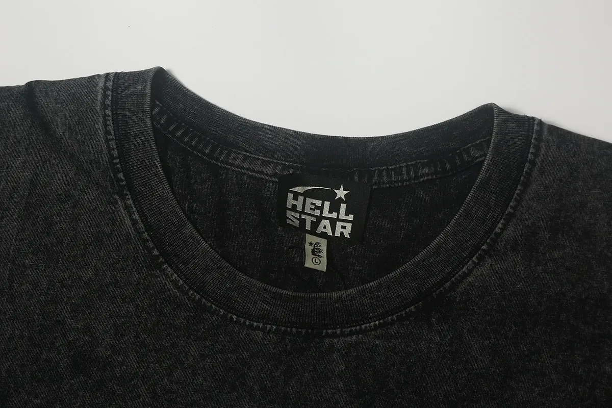 7706# P124 Washed Hellstar Hellstar ins same style retro printed tops for men and women, casual and trendy pure cotton washed short-sleeved T-shirt Color: Black Size: S M L XL