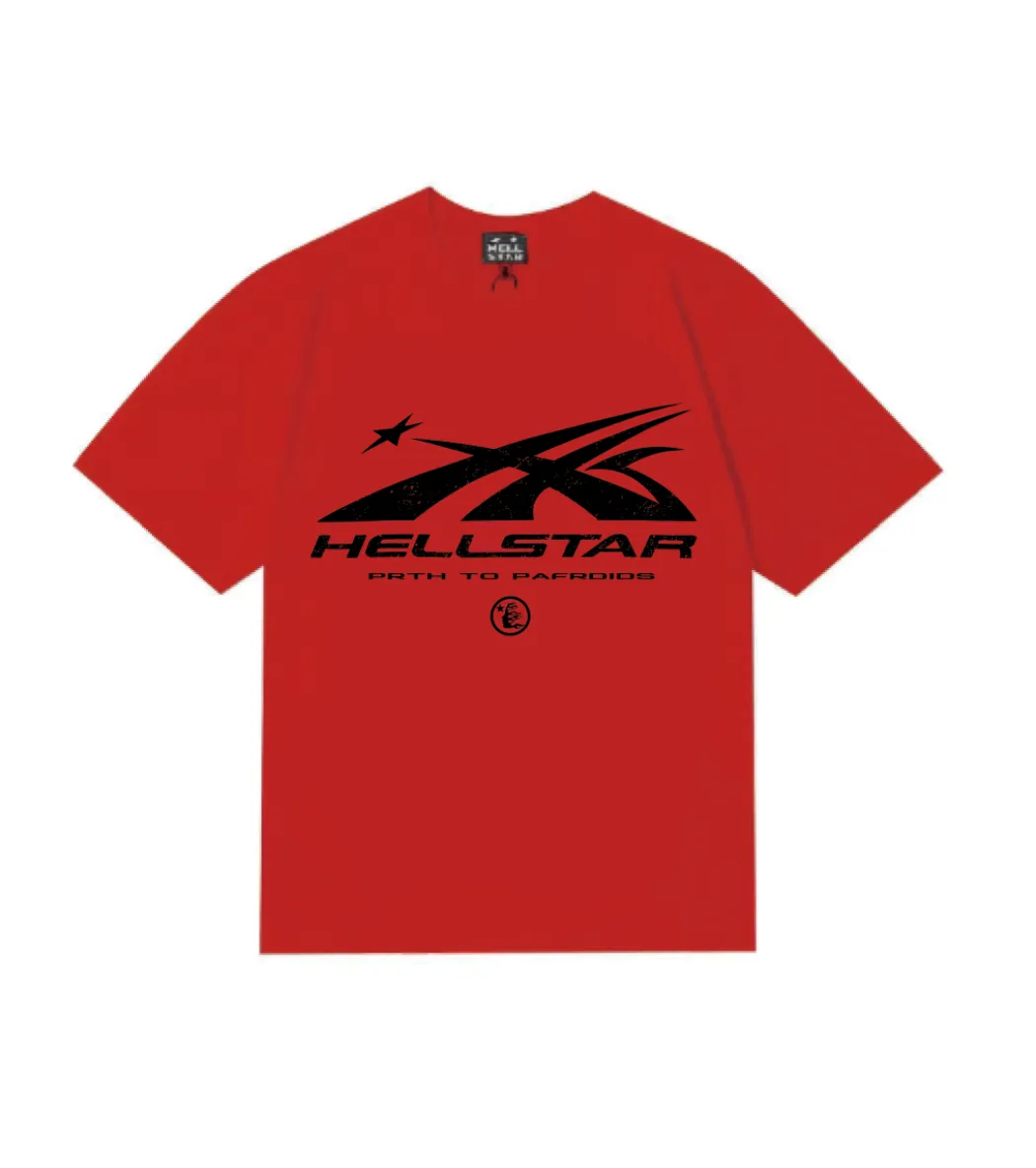 6810# P112 Hellstar American fashion high street pure cotton loose short-sleeved T-shirt Color: Gray Red Size: S M L XL