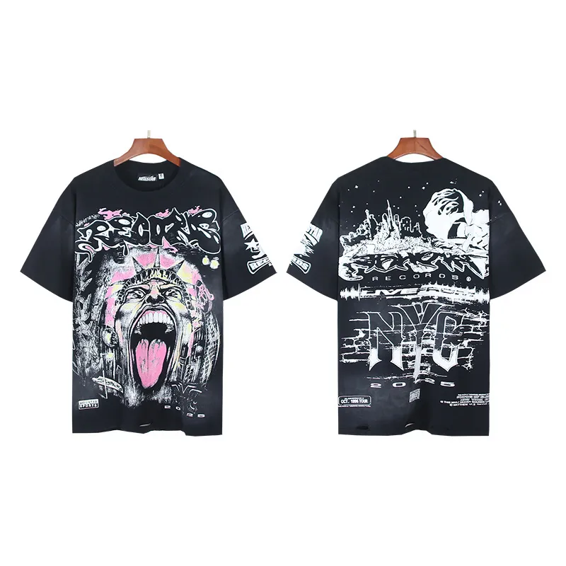 P134 Washed black + worn Real shot Hellstar Washed and worn fashionable printed short-sleeved T-shirt Fabric: 250g 32 count fine cotton double yarn pure cotton Color: Washed black Size: S M L XL