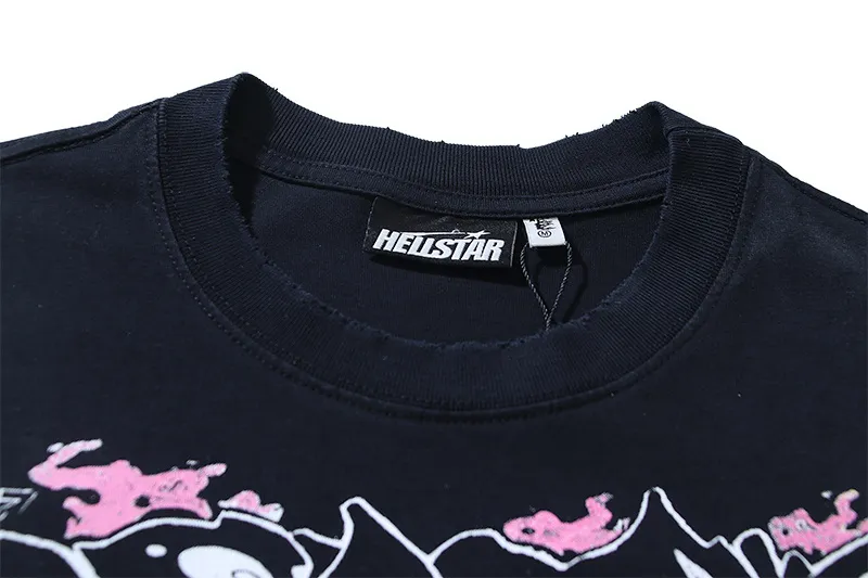 P134 Washed black + worn Real shot Hellstar Washed and worn fashionable printed short-sleeved T-shirt Fabric: 250g 32 count fine cotton double yarn pure cotton Color: Washed black Size: S M L XL