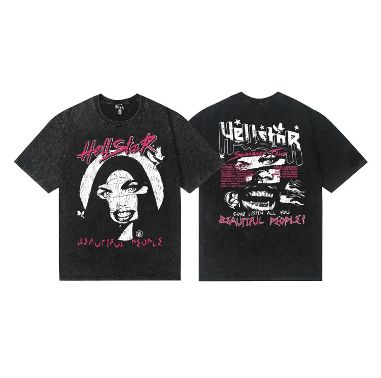 7732# P124 Washed Hellstar Hellstar ins same style retro printed tops for men and women, casual and trendy pure cotton washed short-sleeved T-shirt Color: Black Size: S M L XL