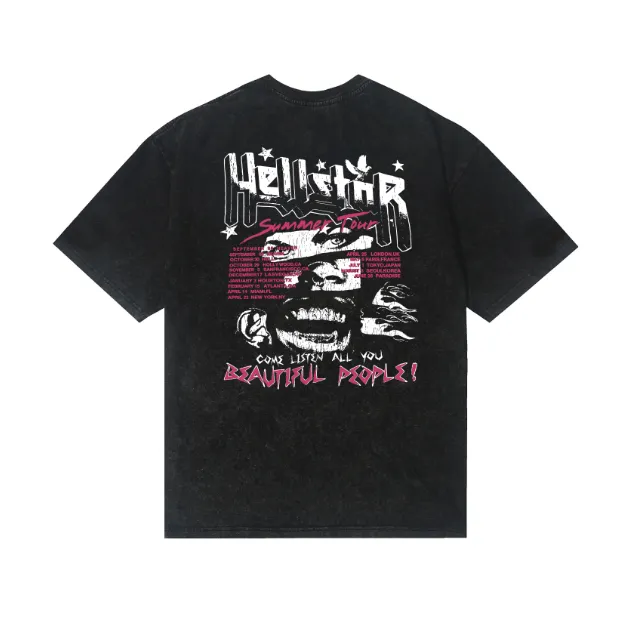 7732# P124 Washed Hellstar Hellstar ins same style retro printed tops for men and women, casual and trendy pure cotton washed short-sleeved T-shirt Color: Black Size: S M L XL