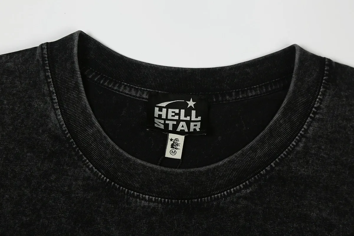 7732# P124 Washed Hellstar Hellstar ins same style retro printed tops for men and women, casual and trendy pure cotton washed short-sleeved T-shirt Color: Black Size: S M L XL