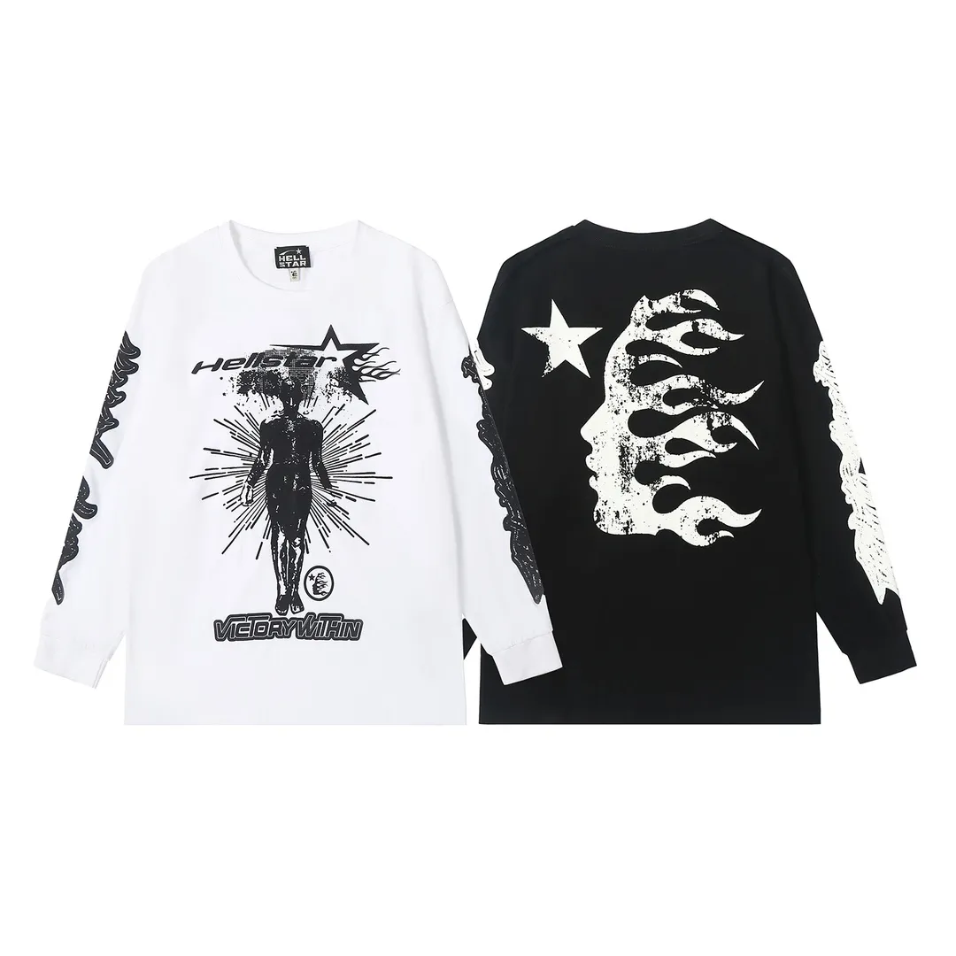5503# P136 ins The same European and American trendy Hell Star letter print lightning high street men and women hip-hop loose long-sleeved T-shirt Color: White Black Size: S M L XL