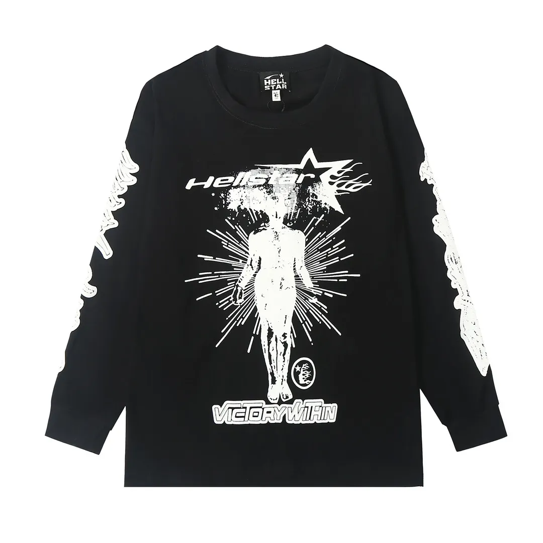 5503# P136 ins The same European and American trendy Hell Star letter print lightning high street men and women hip-hop loose long-sleeved T-shirt Color: White Black Size: S M L XL