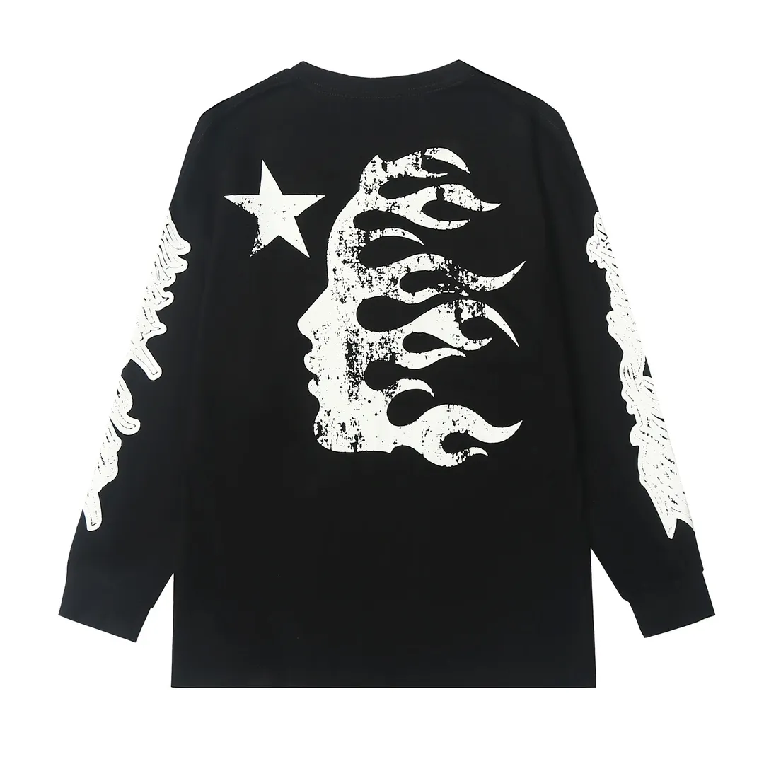 5503# P136 ins The same European and American trendy Hell Star letter print lightning high street men and women hip-hop loose long-sleeved T-shirt Color: White Black Size: S M L XL