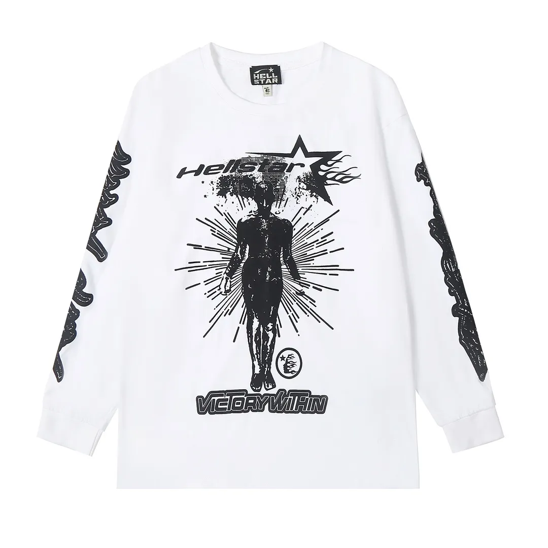 5503# P136 ins The same European and American trendy Hell Star letter print lightning high street men and women hip-hop loose long-sleeved T-shirt Color: White Black Size: S M L XL