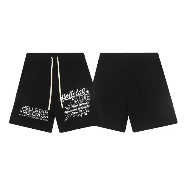 1111# P150 Hellstar pure cotton terry 350g printed casual shorts Color: Black Size: S M L XL