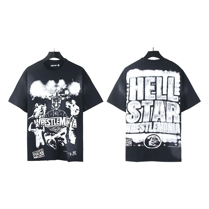 P126 6751#washed black Real shot Hellstar washed retro beauty trend printed short-sleeved T-shirt Fabric: 250g 32 count fine cotton double yarn pure cotton Color: washed black Size: S M L XL