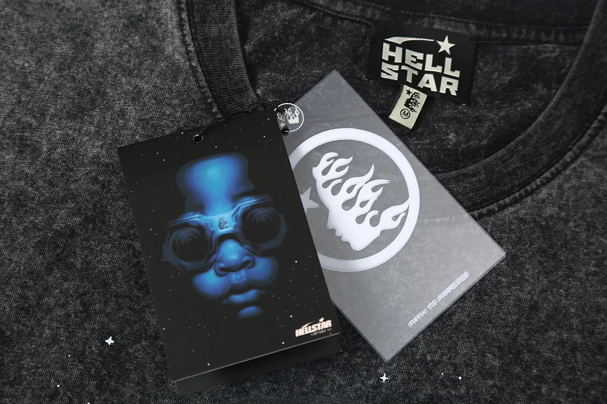 7720# P118 Washed Hellstar Hellstar ins same style retro printed tops for men and women, casual and trendy pure cotton washed short-sleeved T-shirt Color: Black Size: S M L XL