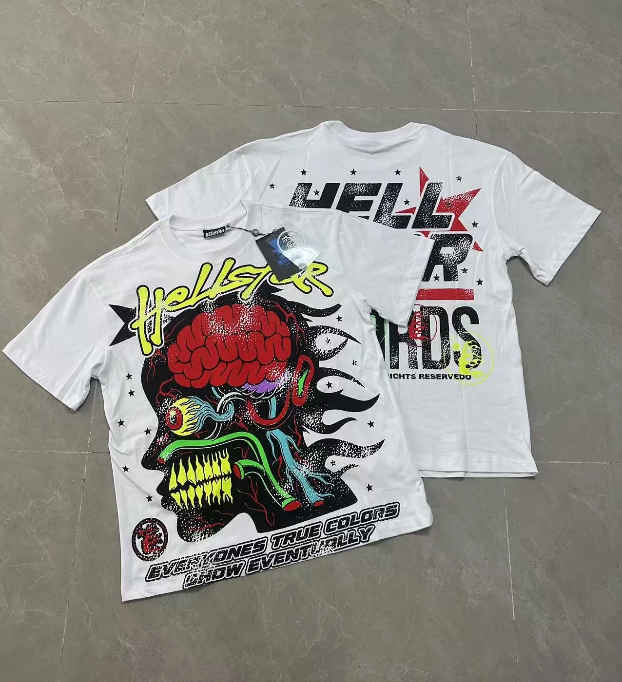 P108 Real-stock Hellstar Cross-border European and American style, street brand pure cotton T-shirt Fabric (fabric): 32 counts of 240g heavy combed double yarn pure cotton Size (size): S-M- L- X L Color (colour): Black/khaki 👉