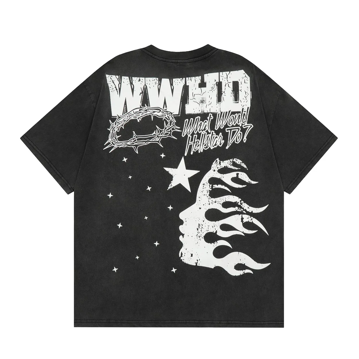 P126 Hellstar WWHD GOD Tshirt Hellstar washed and distressed short-sleeved T-shirt The new hot beauty trend Hellstar!  Standard beauty and trendy workmanship, original customization (fabric pattern, printing, hangtag, main mark, etc.), exaggerated painting style, explosive style, dare to break through tradition, bring adventurous new fashion experience!  YoungBoy, the most popular rapper in the youth circle, has shot a lot of models for him, and celebrities such as Dababy and Swae Lee frequently get dressed!  color: Vintage Black (washed black) size: S, M, L, XL