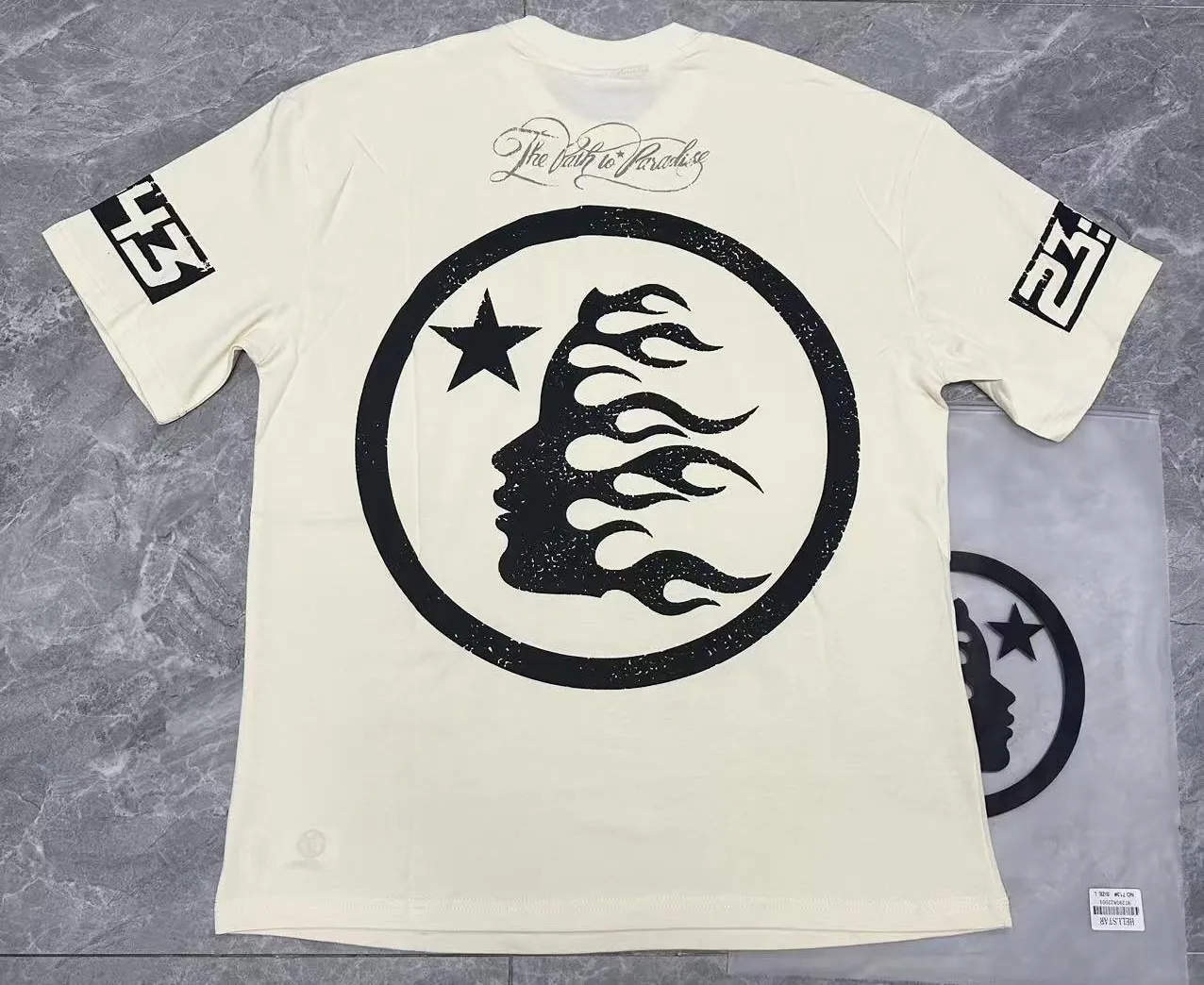 P108 Real-stock Hellstar Cross-border European and American style, street fashion brand pure cotton T-shirt Fabric (fabric): 32 counts of 240g heavy combed yarn pure cotton Size (size): S-M- L- X L Color (colour): apricot/white