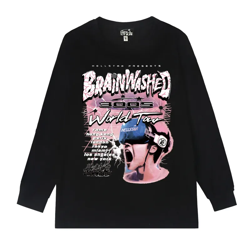 5529# P136 Hellstar Hellstar letter print lightning high street men and women hip-hop loose long-sleeved T-shirt Color: Black White Size: S M L XL