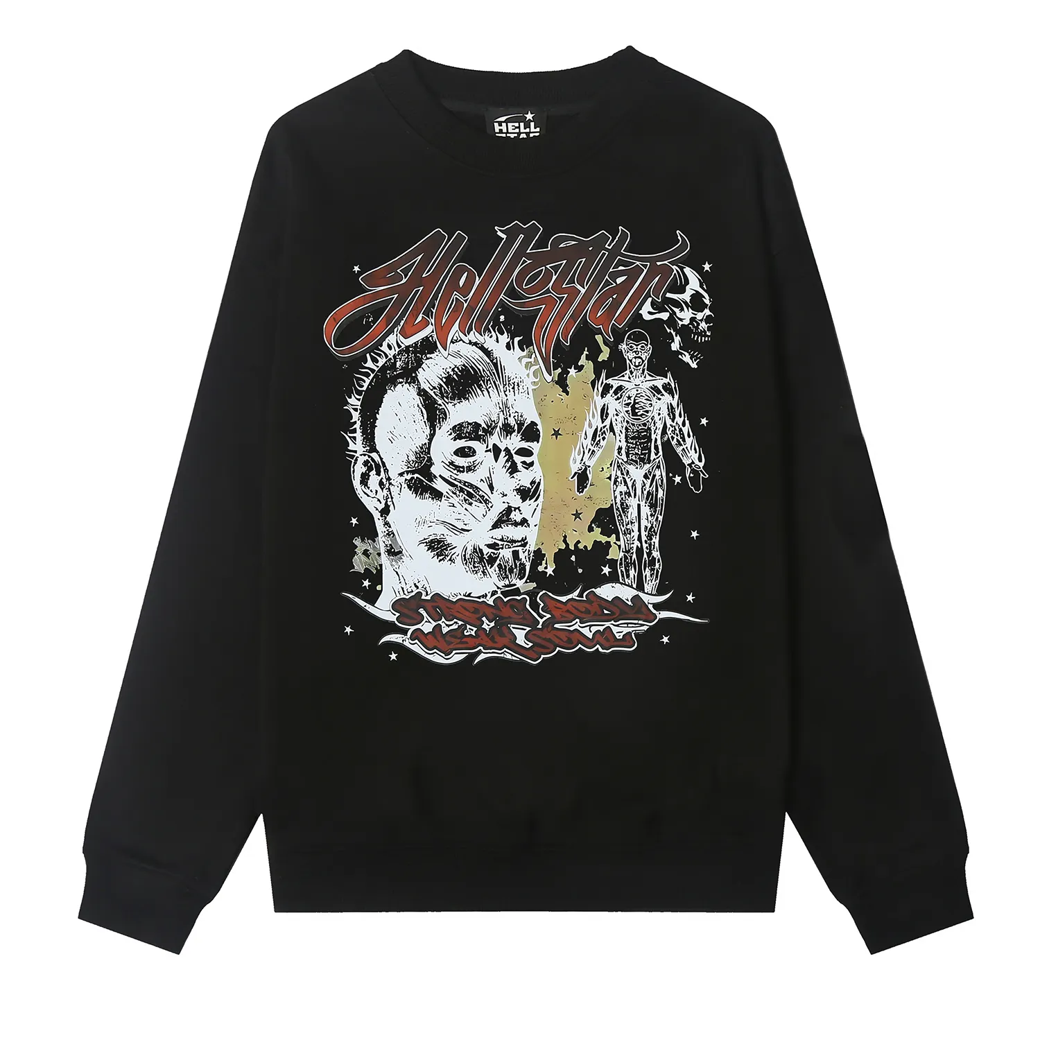 8839# P160 Hellstar high-quality Hellstar American trendy printed cotton terry crew neck sweatshirt Color: White Black Size: S M L XL