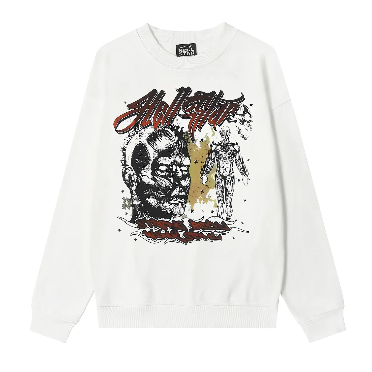 8839# P160 Hellstar high-quality Hellstar American trendy printed cotton terry crew neck sweatshirt Color: White Black Size: S M L XL