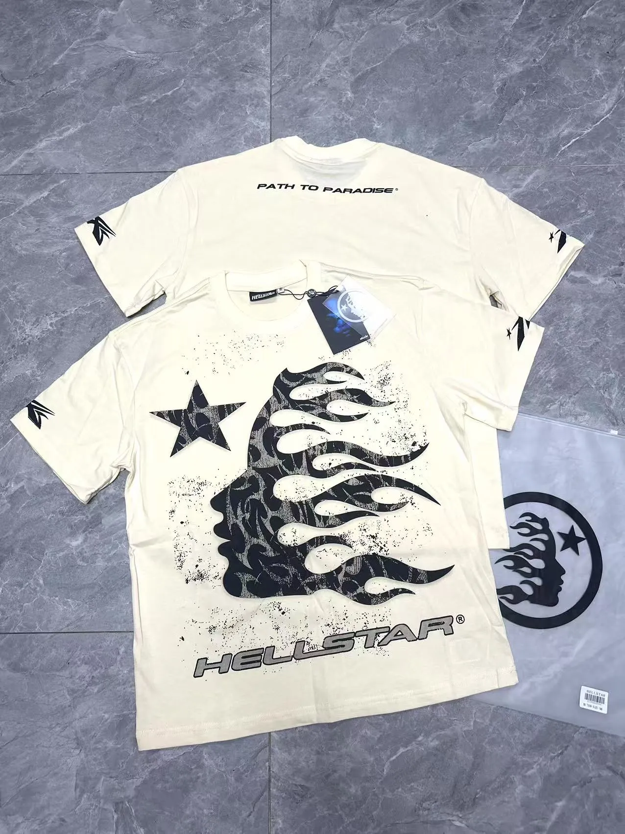 P108 Real-stock Hellstar Cross-border European and American style, street brand pure cotton T-shirt Fabric (fabric): 32 pieces of 240g heavy combed double yarn pure cotton Size (size): S-M- L- X L Color (colour): white/apricot 👉