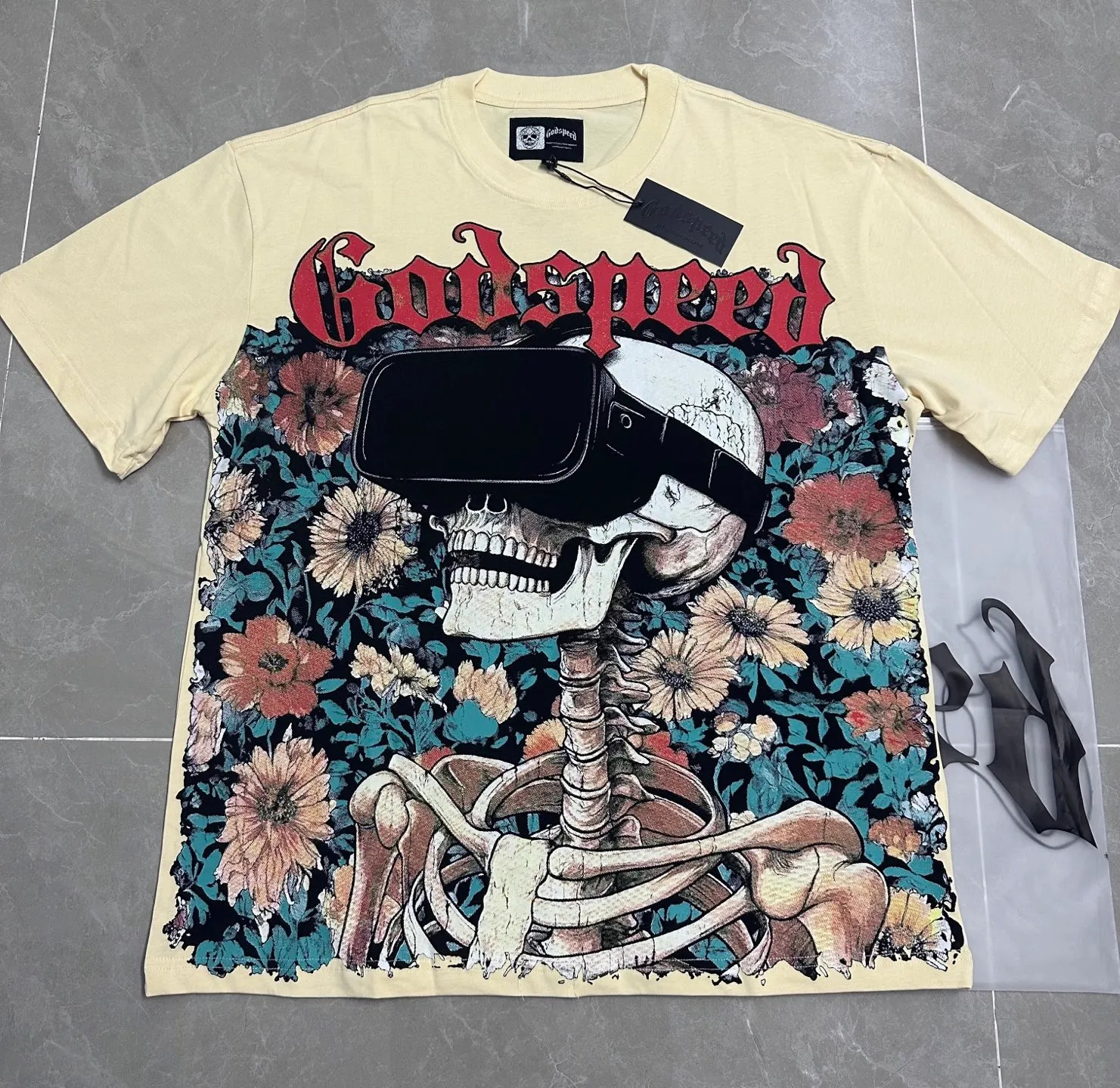 P116 5135#apricot I Real stock Godspeed cross-border American rock and roll street washed retro style short-sleeved T (craft printing) fabric (fabric) 32 counts combed double yarn 240 grams weight code number (size): S-M-L-XL color (colour): apricot