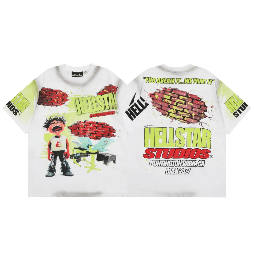 P134 HELLSTAR STUDIOS BRICK WALL T-SHIRT High-quality brick wall printed distressed short-sleeves The new hot beauty trend Hellstar!  Standard beauty and trendy workmanship, original customization (fabric, pattern, printing, hang tag, main mark, etc.), exaggerated style, explosive style, dare to break through tradition, bring adventurous new fashion experience!   YoungBoy, the most popular rapper in the youth circle, has shot a lot of models for him, and celebrities such as Dababy and Swae Lee frequently get dressed!  color: white Size: S, M, L, XL