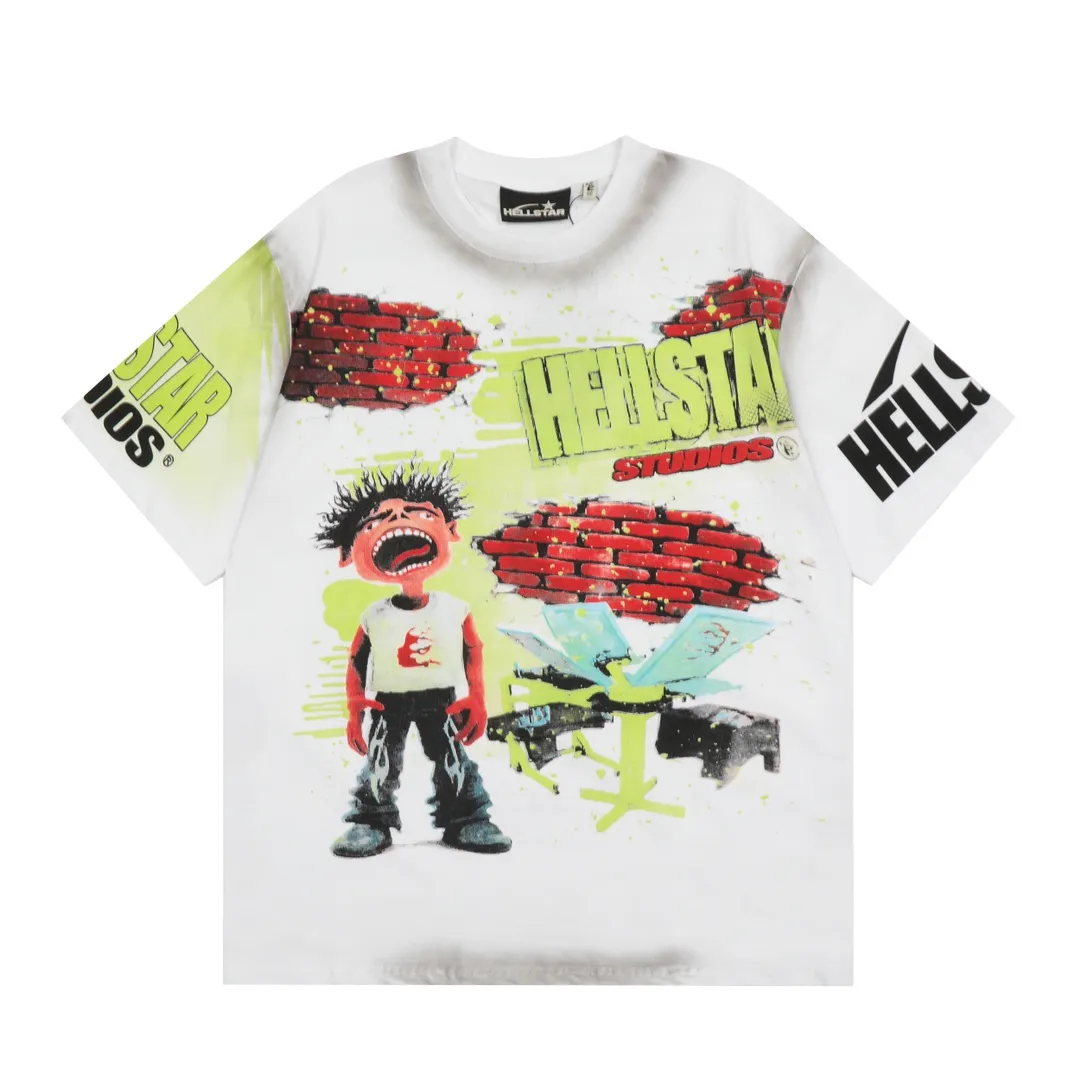 P134 HELLSTAR STUDIOS BRICK WALL T-SHIRT High-quality brick wall printed distressed short-sleeves The new hot beauty trend Hellstar!  Standard beauty and trendy workmanship, original customization (fabric, pattern, printing, hang tag, main mark, etc.), exaggerated style, explosive style, dare to break through tradition, bring adventurous new fashion experience!   YoungBoy, the most popular rapper in the youth circle, has shot a lot of models for him, and celebrities such as Dababy and Swae Lee frequently get dressed!  color: white Size: S, M, L, XL
