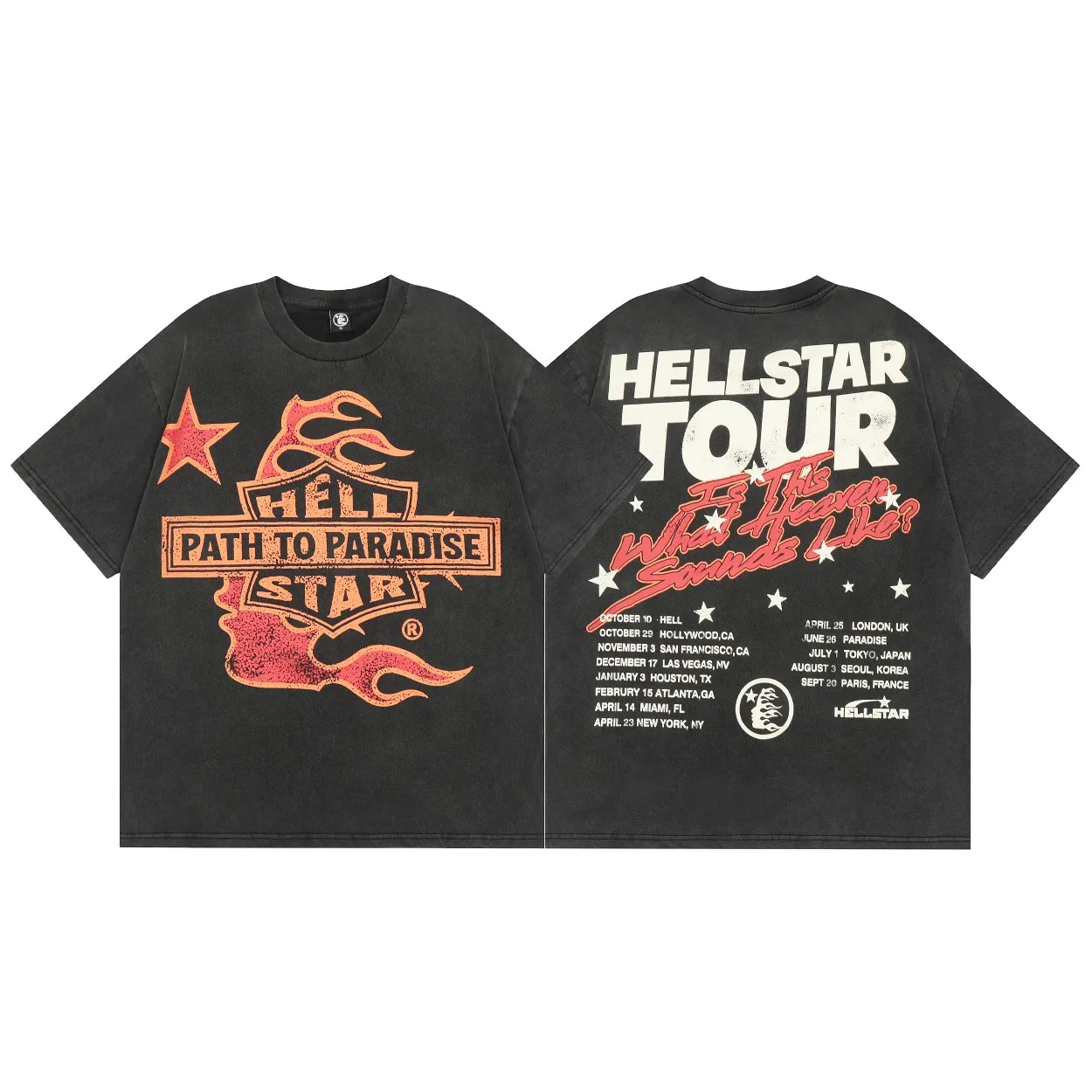P126 Hellstar Studios Biker Tour Short Sleeve Tee Shirt Hellstar Travels Around the World washed and distressed short-sleeved T-shirt The new hot beauty trend Hellstar!  Standard beauty and trendy workmanship, original customization (fabric, pattern, printing, hang tag, main mark, etc.), exaggerated style, explosive style, dare to break through tradition, bring adventurous new fashion experience!  YoungBoy, the most popular rapper in the youth circle, has shot a lot of models for him, and celebrities such as Dababy and Swae Lee frequently get dressed!  color: Vintage Black (washed black) size: S, M, L, XL