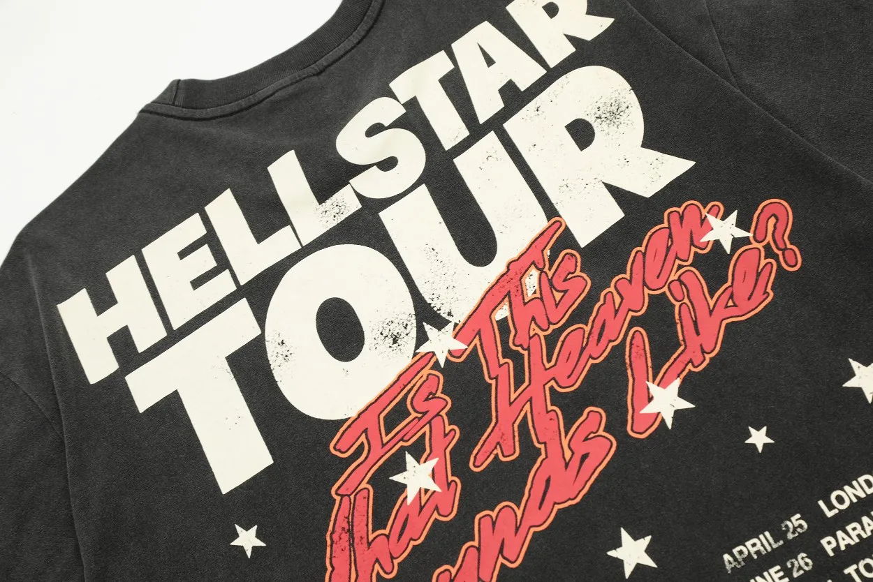 P126 Hellstar Studios Biker Tour Short Sleeve Tee Shirt Hellstar Travels Around the World washed and distressed short-sleeved T-shirt The new hot beauty trend Hellstar!  Standard beauty and trendy workmanship, original customization (fabric, pattern, printing, hang tag, main mark, etc.), exaggerated style, explosive style, dare to break through tradition, bring adventurous new fashion experience!  YoungBoy, the most popular rapper in the youth circle, has shot a lot of models for him, and celebrities such as Dababy and Swae Lee frequently get dressed!  color: Vintage Black (washed black) size: S, M, L, XL