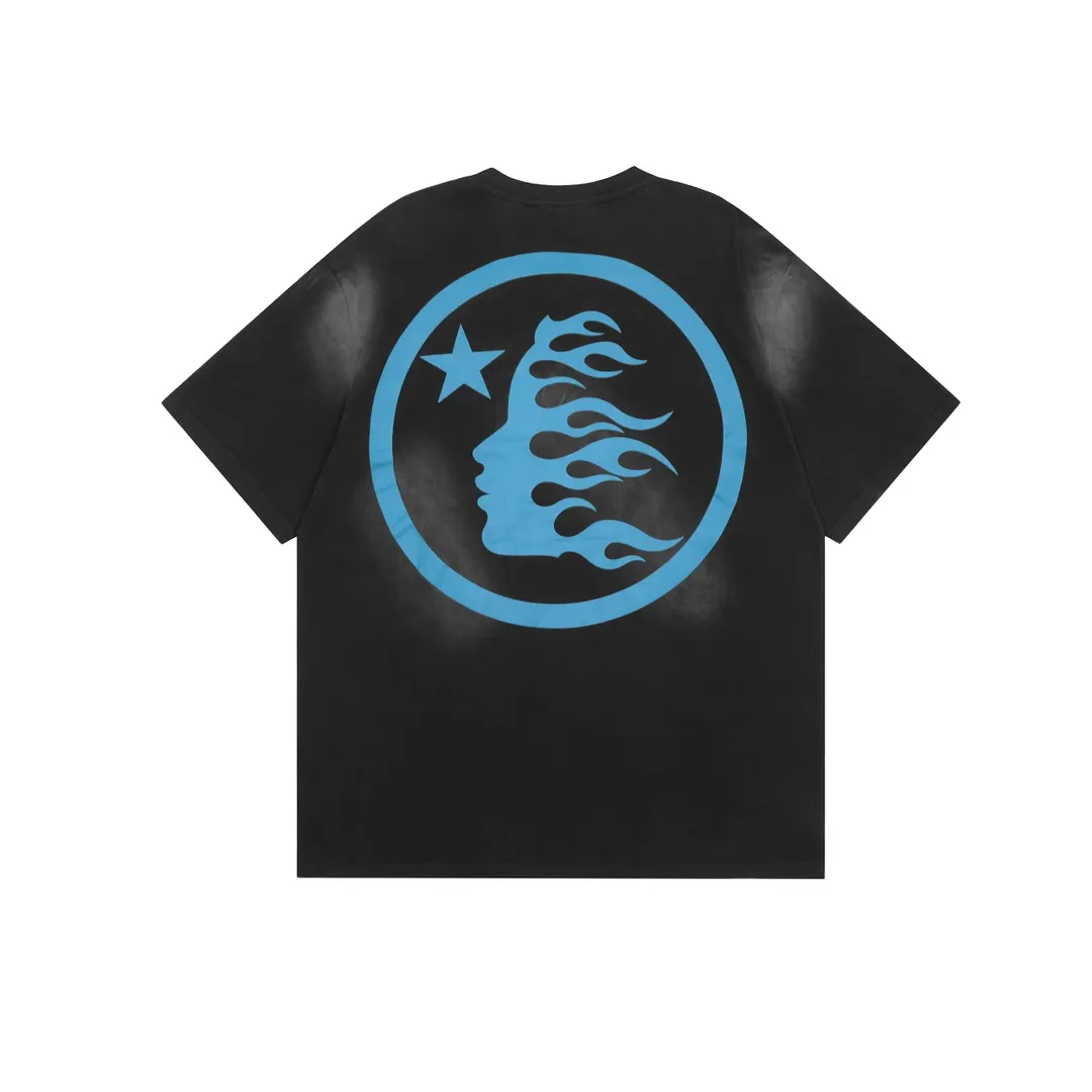 P126 Hellstar Studios Classic Blue Logo Short Sleeve Tee Shirt Washed Black Short Sleeve T-shirt The new hot beauty trend Hellstar!  Standard beauty and trendy workmanship, original customization (fabric, pattern, printing, hang tag, main mark, etc.), exaggerated style, explosive style, dare to break through tradition, bring adventurous new fashion experience!   YoungBoy, the most popular rapper in the youth circle, has shot a lot of models for him, and celebrities such as Dababy and Swae Lee frequently get dressed!  color: black Size: S, M, L, XL