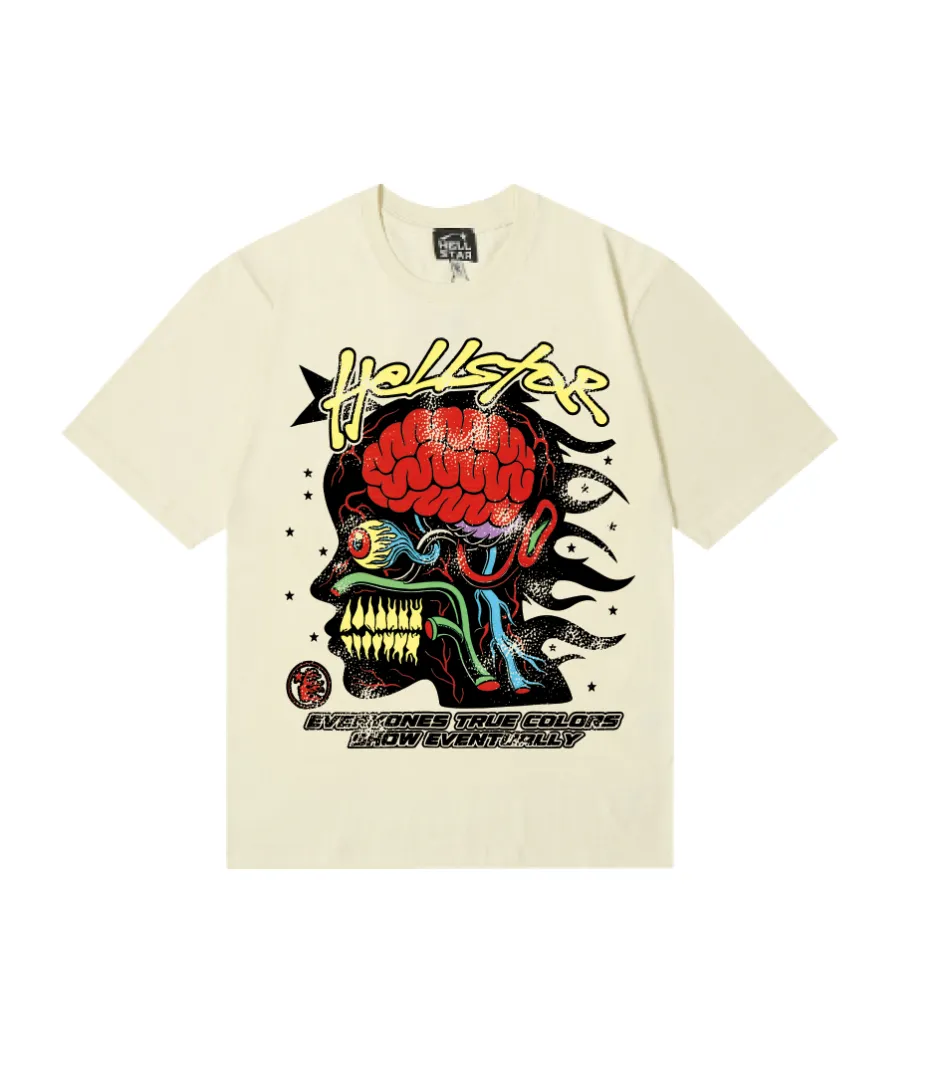 6820# P116 Hellstar American fashion high street pure cotton loose short-sleeved T-shirt Color: White Apricot Code Number: S M L XL